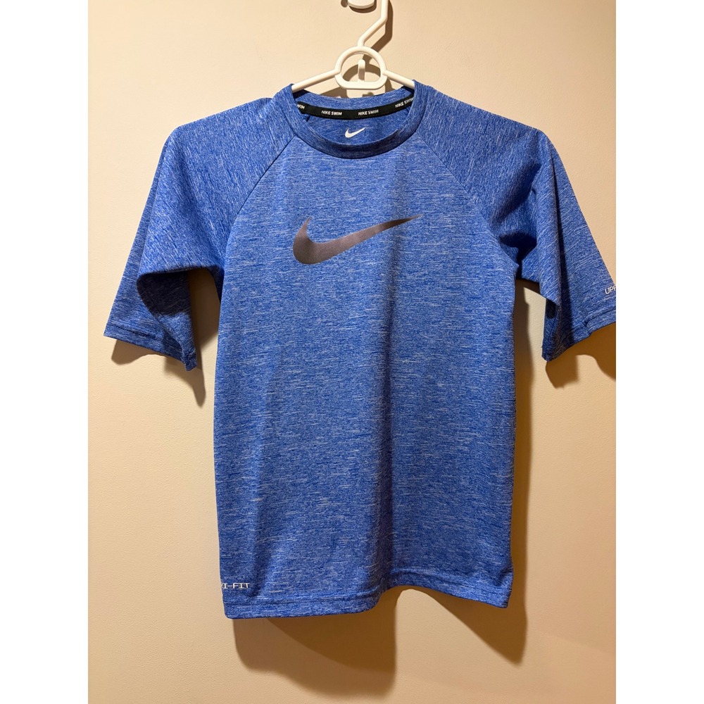 Youth Medium Nike Dri-Fit Blue Swim Shirt UPF 40+ Beach Summer Short Sleeve